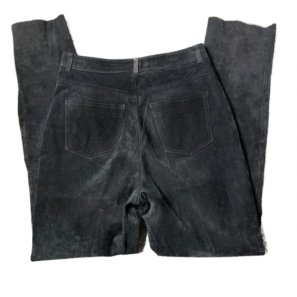 Vintage Shirley France 100% Leather Black Suede Pants Women Size 12 Straight Leg